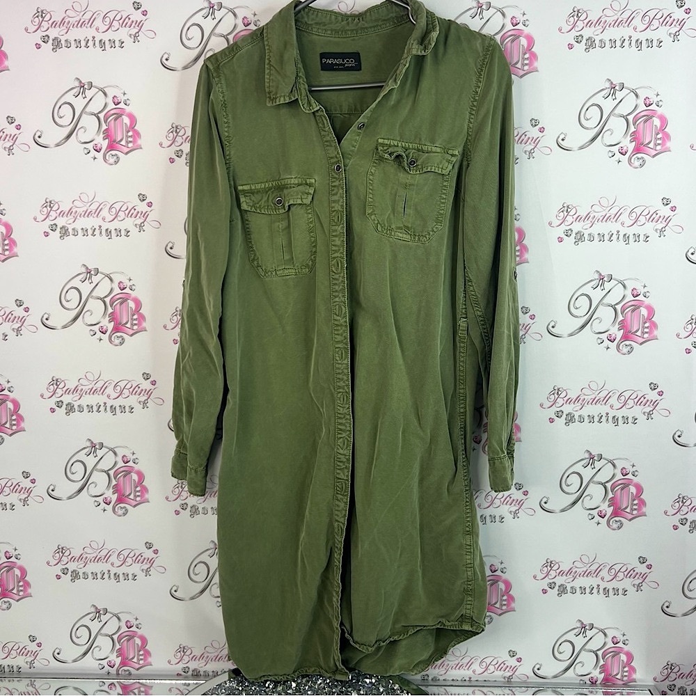 Parasuco jeans dress button up Olive Green Shirt Dress military cargo style
